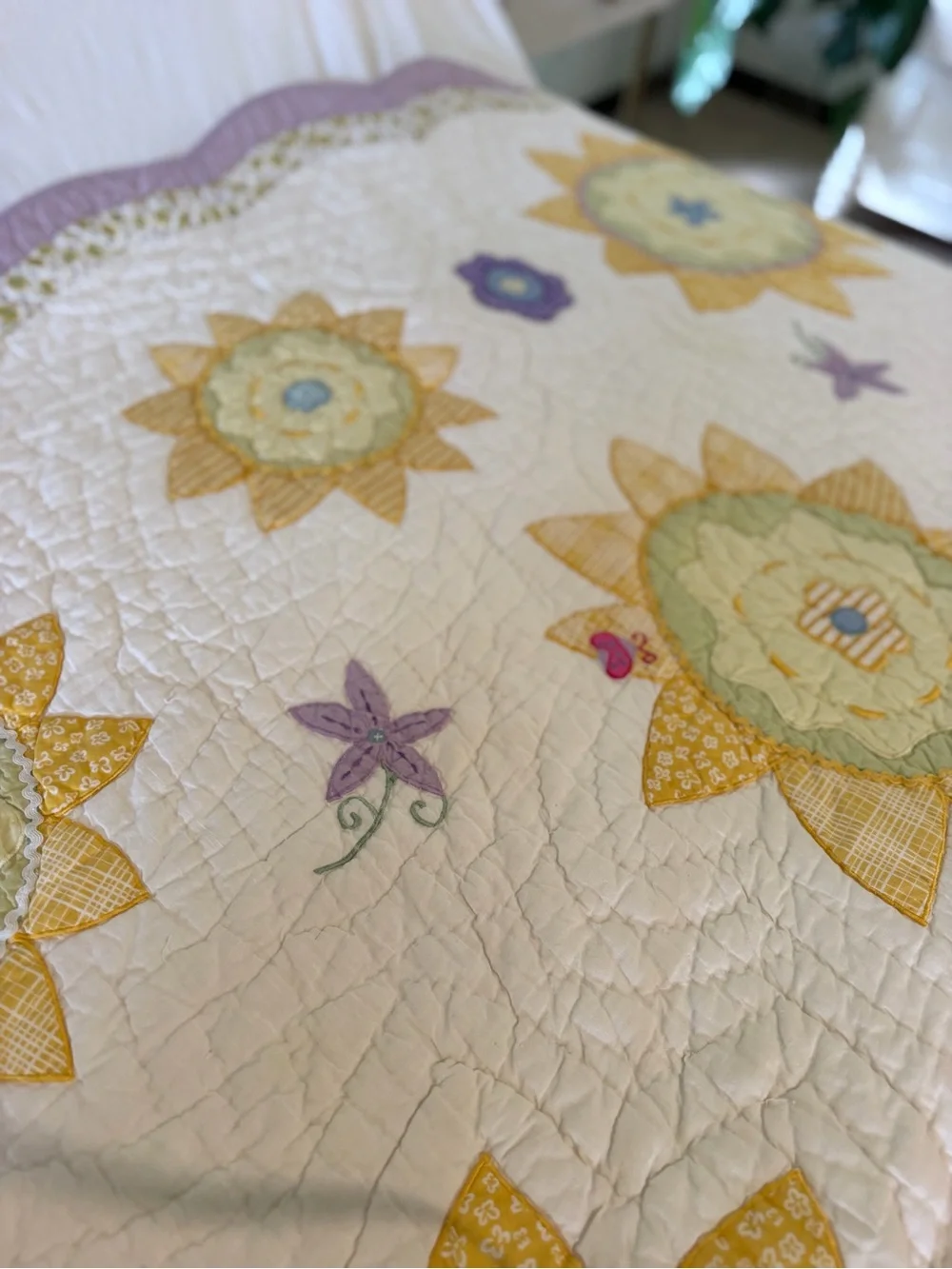 Pottery Barn Kids Cream, Yellow and Purple Floral Sunburst Quilt